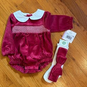 Little Me Red Velour Baby Outfit with White Accents, Bow and Socks 9 M New
